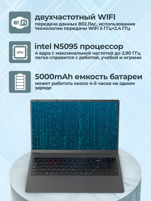 Ноутбук для работы и учёбы T15 Intel N5095 IrisXe Full Hd 60 Hz